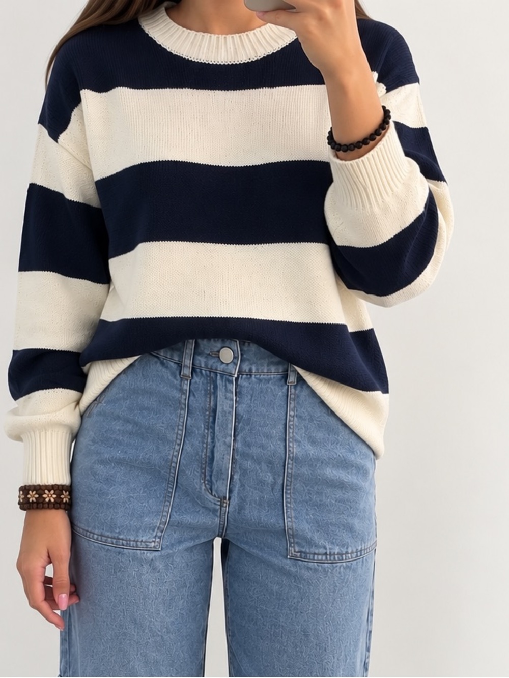 Jessica Simpson Striped Navy and Cream Crewneck Sweater
